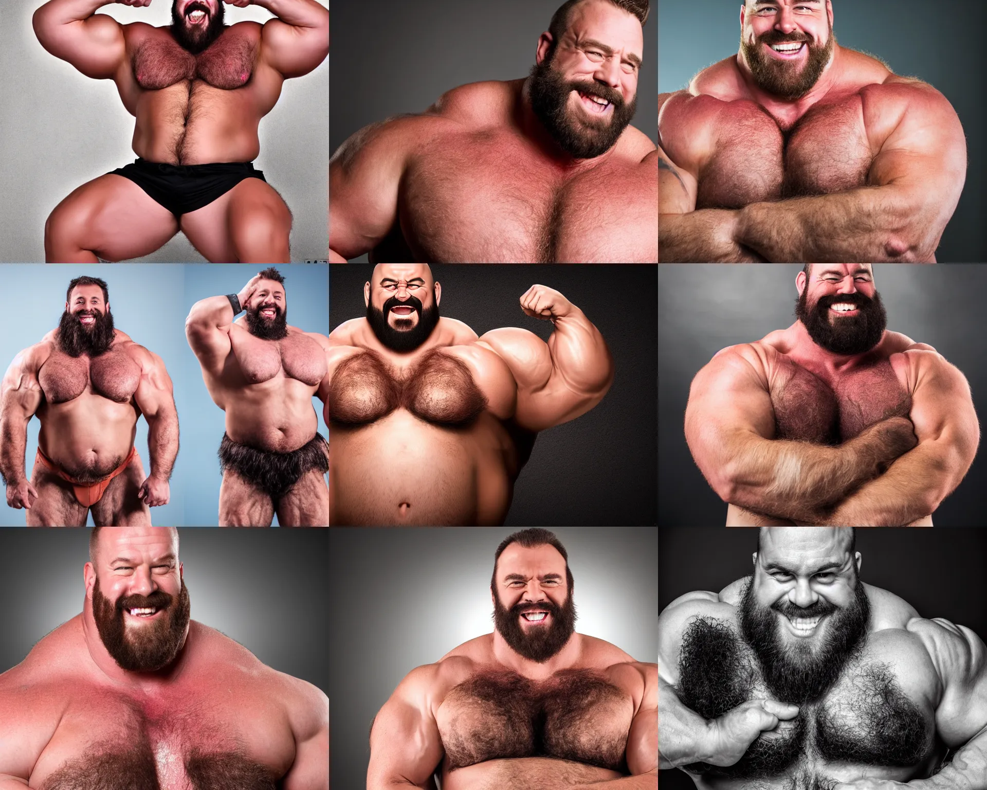 Prompt: portrait of a massive hairy thick muscular masculine strongman with massive muscle hypnotized with a dumb himbo smile and drooling, photography, highly detailed, epic, high definition, 4 k, 8 k, dad energy