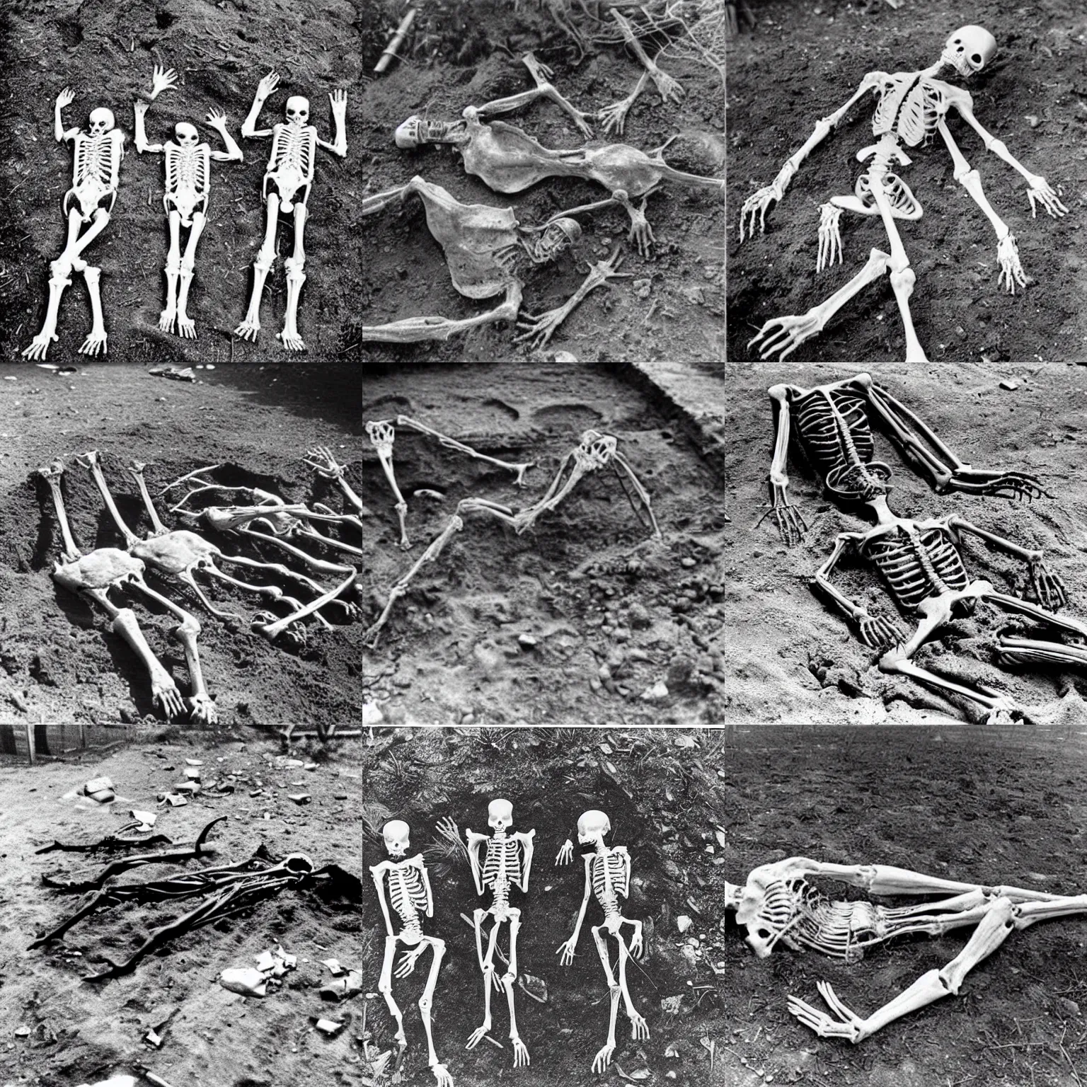 Prompt: 1960s photographic evidence of remains of an alien skeletons partially buried in the ground