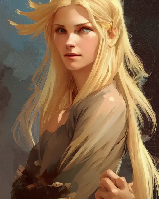 Image similar to '' Portrait of Beautiful blonde Slavic woman in her early 30’s, league of legends, LOL, fantasy, d&d, digital painting, artstation, concept art, sharp focus, illustration, art by greg rutkowski and alphonse mucha ''