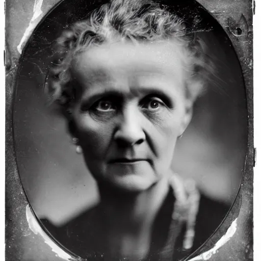 Prompt: Wet plate photography of Marie Curie wearing eerily glowing neon uranium jewelry