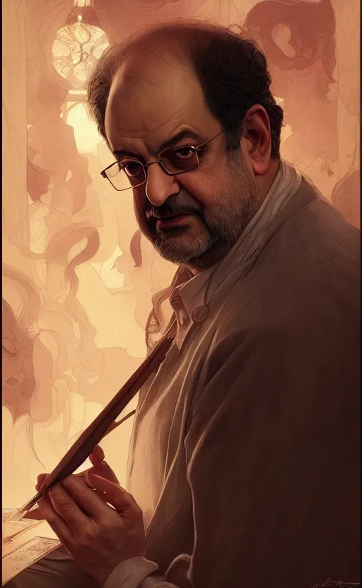 Image similar to portrait of salman rushdie, deep focus, d & d, fantasy, intricate, elegant, highly detailed, digital painting, artstation, concept art, matte, sharp focus, illustration, art by artgerm and greg rutkowski and alphonse mucha