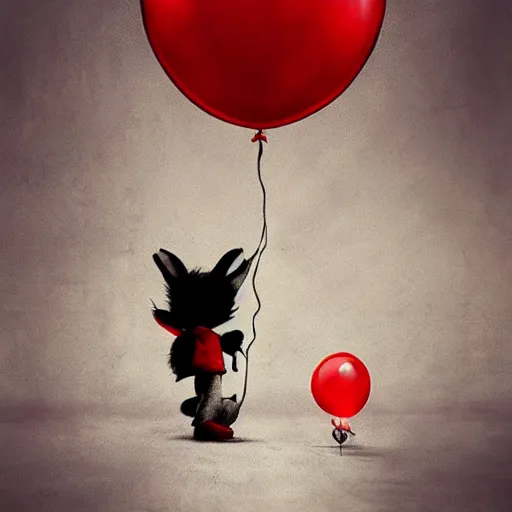 Image similar to grunge cartoon painting of a cartoon bunny and a red balloon by - michal karcz, loony toons style, pennywise style, horror theme, detailed, elegant, intricate