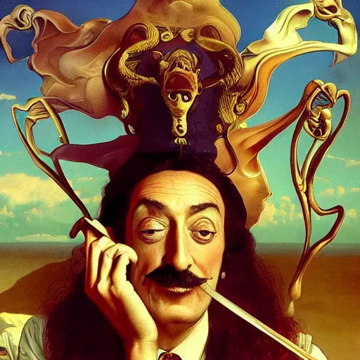 Image similar to Salvador Dali, Extremely Highly detailed, Occult, funny, humorous, humor, hilarious, funny, entertaining, magical, trending on artstationHQ, closeup, D&D, intricate, elegant, highly detailed, digital painting, artstation, concept art, matte, sharp focus, illustration, art by Artgerm and Greg Rutkowski and Alphonse Mucha