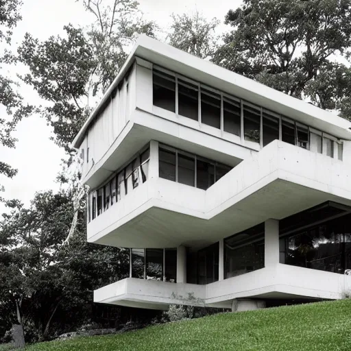 Image similar to second story elevated white brutalist home perched atop 2 equidistant separated large piers, double cantilevered design, large windows, elegant, white stone, proportion, golden ratio, epic composition, steel window mullions, cars parked underneath