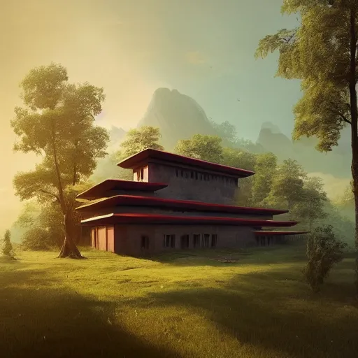 Prompt: rectangular house inspired by a tibetan palace, open field, big trees, yellow clouds, dramatic lighting, artstation, matte painting, raphael lacoste, simon stalenhag, frank lloyd wright