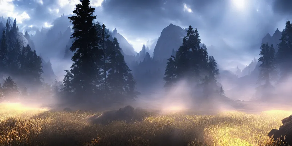 Image similar to wallpaper, landscape, volumetric lighting, epic, mystical