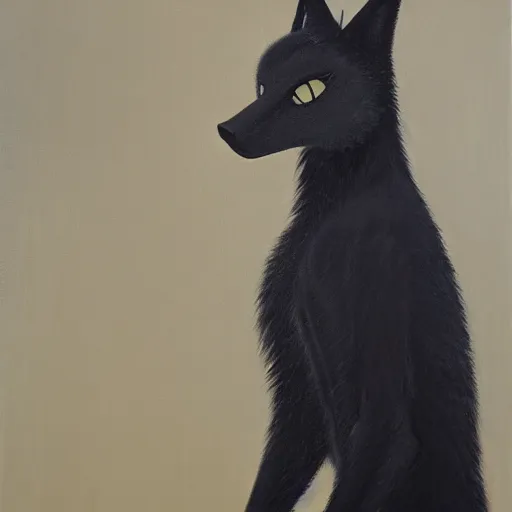 Image similar to portrait of a male anthro anthropomorphic black fox furry fursona with hands on eyes, wearing a suit, 1 9 7 0 s oil on canvas painting, by famous artist jylon denja