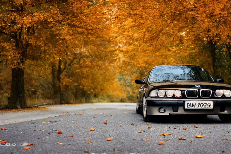 Image similar to A BMW e36 parked in a road with trees, autumn season, Epic photography, taken with a Leica camera, 50 mm, depth of field, bokeh