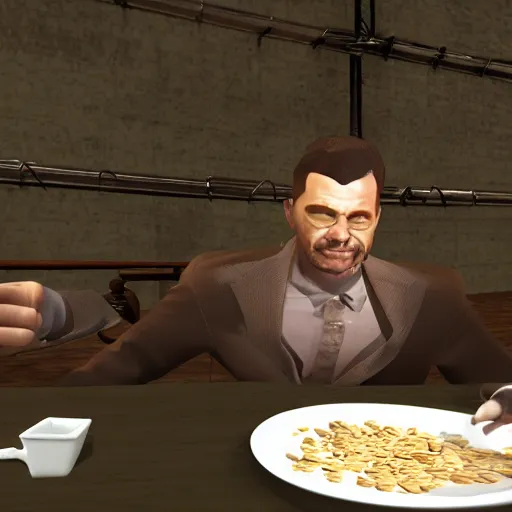 Image similar to jc denton from deus ex eats cereal at a table near liberty island, high quality, photorealistic, highly detailed, 4 k, hd