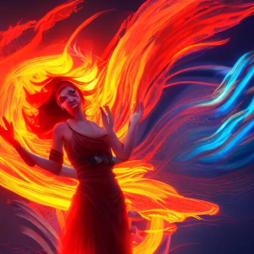 Image similar to ecstatic goddess of fire surrounded by swirling flames and magic, 8k resolution digital painting, cinematic lighting, DeviantArt Artstation, Behance HD, by Jason Felix and Ross Tran, vivid rainbow aventurescence