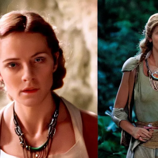 Prompt: a beautiful portrait from the film indiana jones and the fate of atlantis, of sophia hapgood wearing the nur ab sal necklace, dslr hyper focused