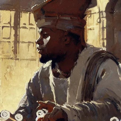 Prompt: portrait of black man wearing medieval clothes playing chess, detailed by greg manchess, craig mullins, bernie fuchs, walter everett