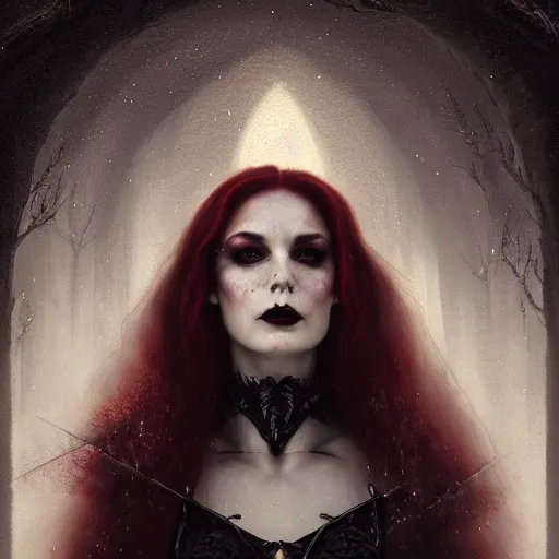 Prompt: portrait of a riveting scottish vampire woman!, atmospheric lighting, gothic makeup, intricate, transylvanian castle, volumetric lighting, beautiful, starlit sky, sharp focus, ultra - detailed, by tom bagshaw leesha hannigan, ross tran, thierry doizon, kai carpenter, ignacio fernandez rios