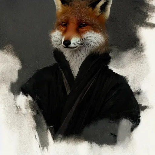 Image similar to A portrait of an anthropomorphic fox in a black robe by Greg Rutkowski, artstation, 8k, Norman Rockwell