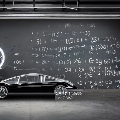 Prompt: a photo of Two car technicians fixing a futuristic car in a futuristic workshop , a blackboard covered with mathematical equations in the background, photo realistic, extremely detailed