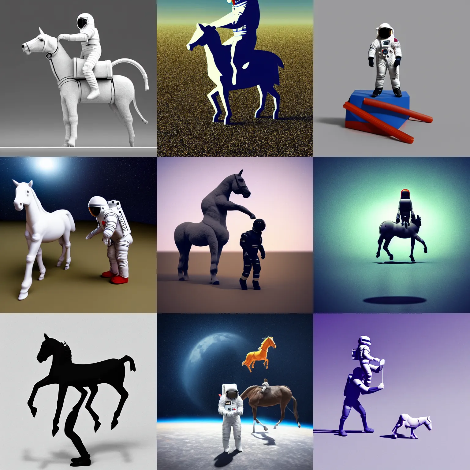 Prompt: an astronaut standing on the ground and a small - small trippy aggressive centaur standing on that poor little human standing on all fours astronaut, really trying to ride it, the horse is on his shoulders and grabbing them, minimalist style, 3 d render, isometry