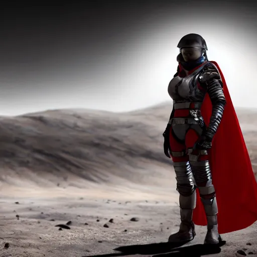 Prompt: a young female soldier with soot marks on her face, elegant, no makeup, in glossy sleek white bloodstained dinged scuffed armor , long torn red cape, heroic posture, determined expression, no helmet, on the surface of mars, dramatic lighting, cinematic, sci-fi, hyperrealistic, detailed