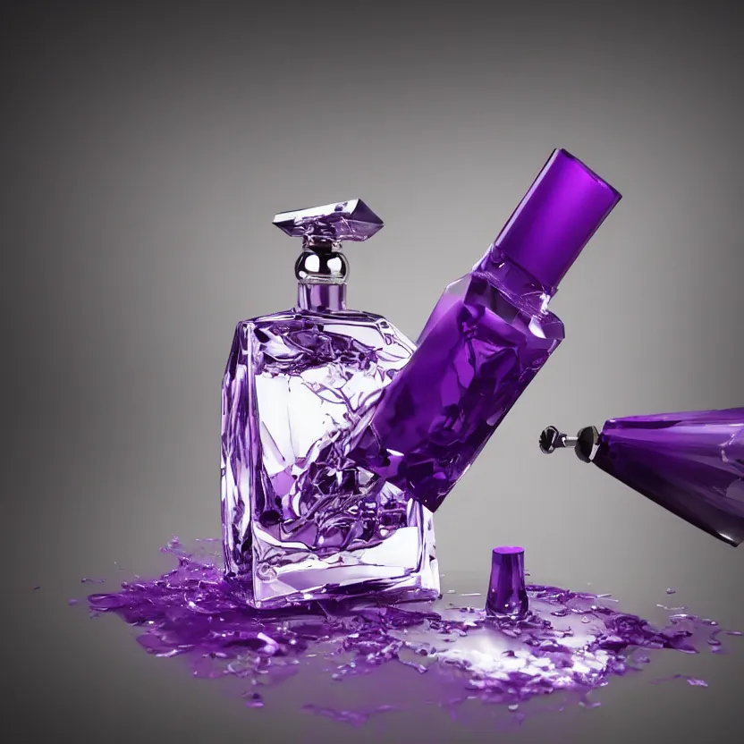 Image similar to close up shot of one premium perfume bottle containing purple liquid, the bottle is placed on a table, the bottle is in the middle of the scene ultra detail, commercial, designer product, cinematic lighting, hd artstation, symmetrical, rendered, 4k