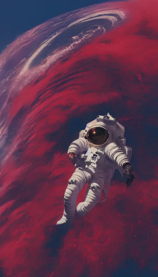 Image similar to astronaut in ocean drowning in red water, high noon, rendered in octane, matte painting sci-fi artwork by syd mead