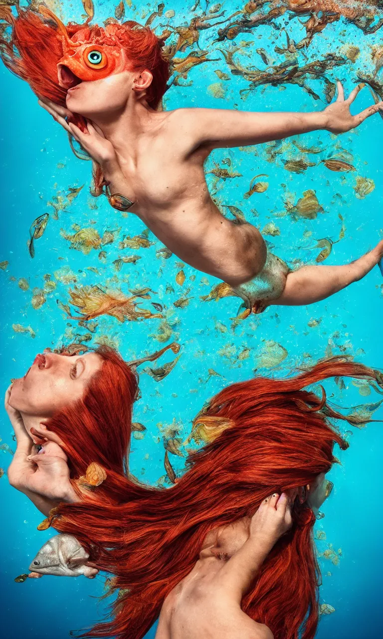 Prompt: head fish woman body surrealistic mermaid, half fish half woman , fish head, diving in the air rounded by jelly clouds made by national geographic underwater photographer 4k, 8k,