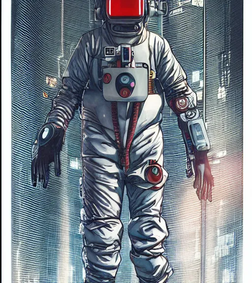 Image similar to cyberpunk japanese man with long limbs and a black spacesuit on a spacewalk, techwear, Industrial Scifi, detailed illustration, character portrait, by Martin Grip and Moebius