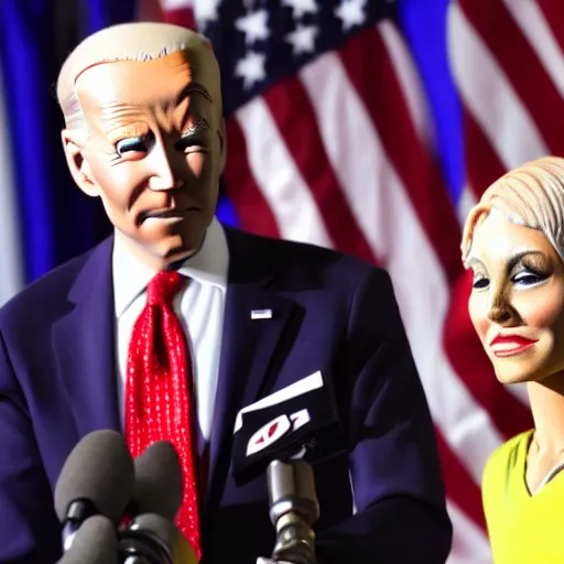 Image similar to alien, gray alien, wearing a blond wig and a red dress and ((Joe Biden)) at a press conference, photograph, highly detailed, 4K