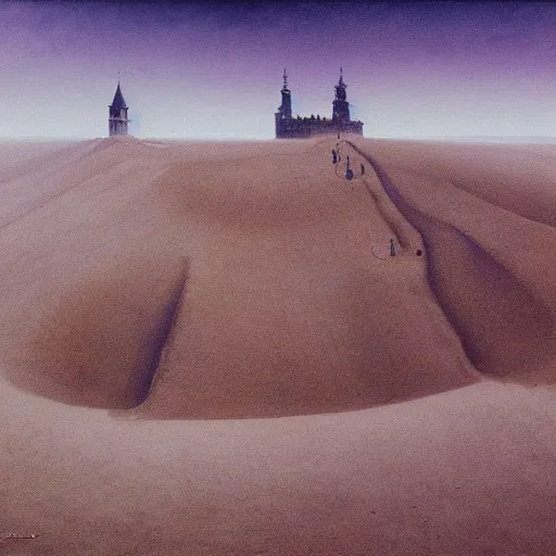 Image similar to Beksinski painting of Cracow Wawel castle buried in the sands of a vast desert, most of the castle is covered in sand, beautiful lighting, detailed, realistic
