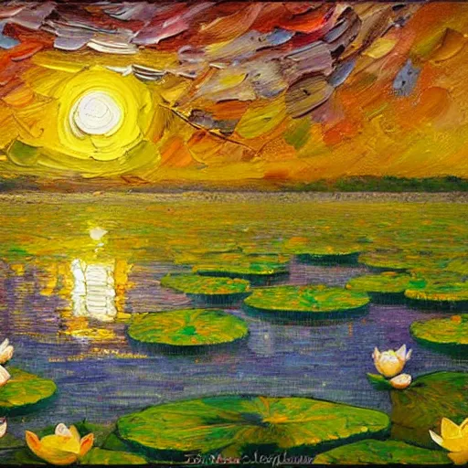Image similar to A detailed, impressionist oil painting of moon shining over a lotus lake