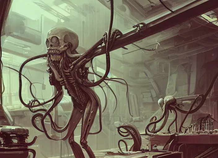 Image similar to science fiction laboratory with a beautiful muscular demon woman with long boney limbs terrorizing the lab in the style of ralph mcquarrie, jakub rebelka and glenn fabry, futuristic, tentacles and bones, transparent carapace, god rays, flooded station, artstation, cinematic lighting, foggy