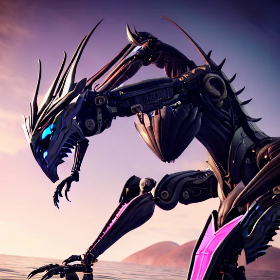 Image similar to looking up at a highly detailed 300 foot tall giant elegant exquisite beautiful stunning valkyr female warframe, as an anthropomorphic robot dragon, posing elegantly over your tiny form, detailed legs looming over you, camera on the ground, at the beach on a sunset, sleek streamlined design, matte black armor with pink accents, sharp detailed claws, detailed sharp robot dragon feet, worms eye view in front of giantess, giantess shot, camera close to the legs, upward shot, ground view shot, leg shot, front shot, epic cinematic shot, high quality warframe fanart, captura, realistic, professional digital art, high end digital art, furry art, giantess art, anthro art, DeviantArt, artstation, Furaffinity, 8k HD render, epic lighting