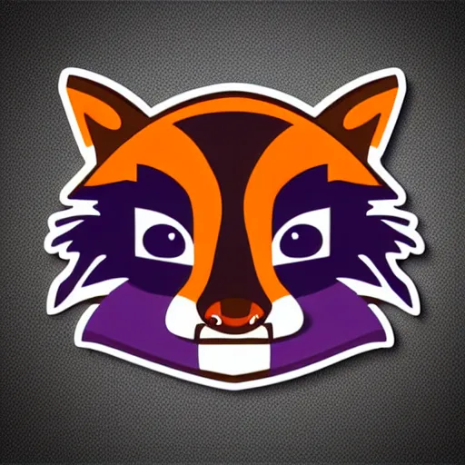 Image similar to a nice beautiful orange and purple vector sticker e-sports logo of a raccoon