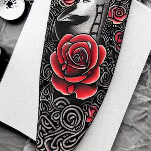Image similar to Shark and guitar, roses and coins on the background, design in the Maori style for a tattoo