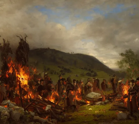 Prompt: landscape portrait of a funeral pyre by william sidney mount, trending on artstation