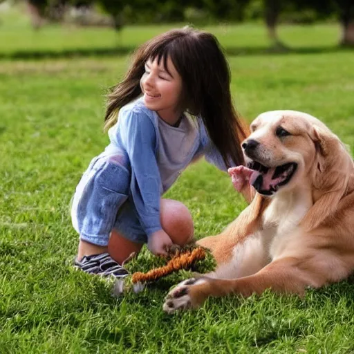 Image similar to a beautiful girl playing with you her giant dog