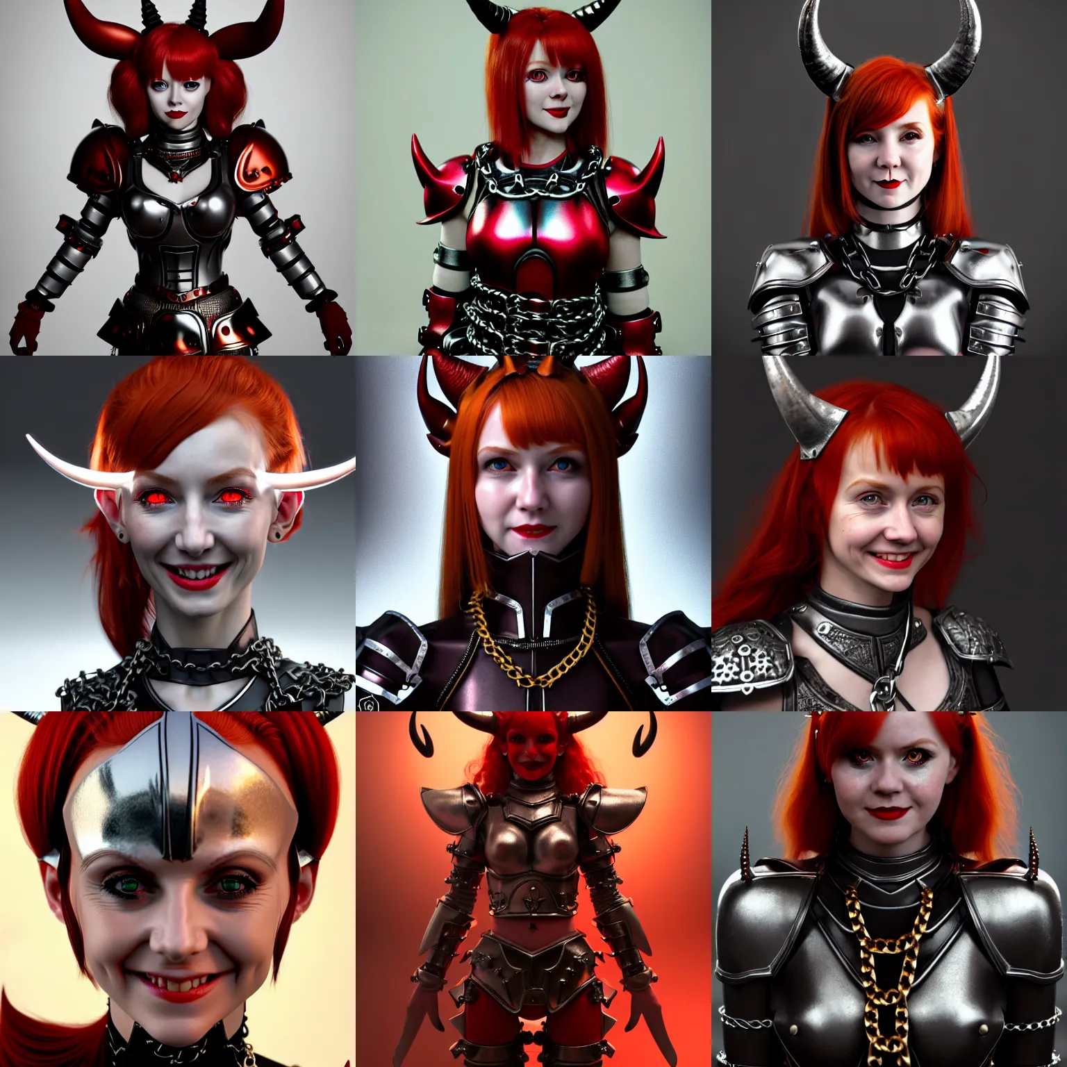 Prompt: a medium shot of a redheaded smiling petite devil girl with horns in a chain armour, trending on artstation, very coherent symmetrical artwork, perfect face, symmetrical face, 35 mm, cinematic, hyper realism, high detail, octane render, 8k, chrome accents, unreal engine 5