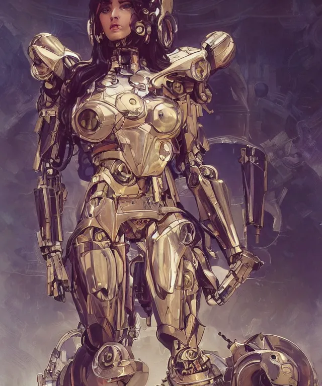 Prompt: fantasy magic portrait of a humanoid mecha cyberpunk! goddess art by artgerm and greg rutkowski and alphonse mucha, rule of thirds, golden ratio, Art Nouveau cyberpunk! style, mechanical accents!, mecha plate armor,long hair, fantasy, intricate, elegant, highly detailed, digital painting, artstation, concept art, smooth, sharp focus, flowing wires with leaves, rich deep moody colors