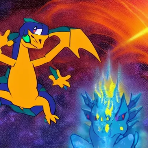 Image similar to charizard observes the space - time continuum on heroic dose of psilocybin in various realities