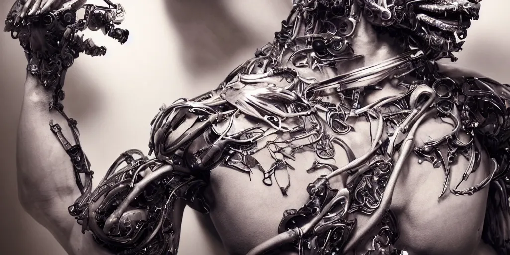 Image similar to hyper realistic photography of a stunningly beautiful cyborg male, plated arm, intimate, chest, holding close, ribbons, in the style of beth cavener, jin kagetsu,, and wlop, highly detailed, intricate filigree, symmetry, masterpiece, award winning, sharp focus, concept art, highkey lighting, ambient lighting, octane render, 8 k, artstation