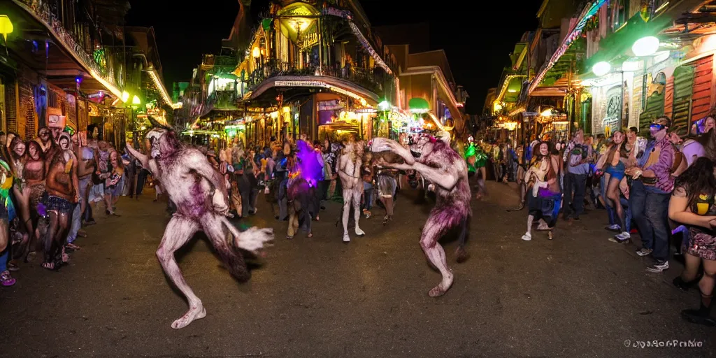 Prompt: a photograph of a werewolf doing shots on Bourbon Street on Mardi Gras, party, low shutter speed