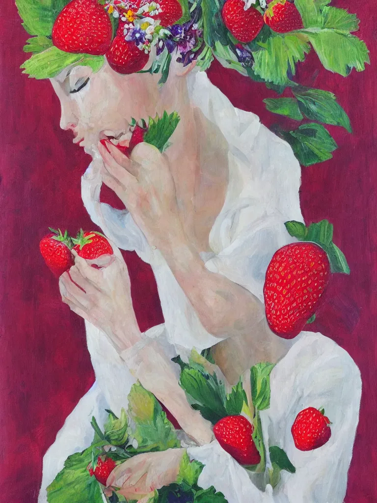 Prompt: “organic, portrait of a woman wearing white silk, neoexpressionist, eating luscious fresh raspberries and strawberries and blueberries, edible flowers, acrylic and oilstick on canvas”