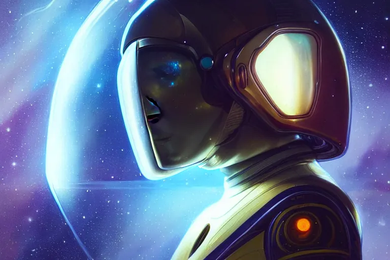 Image similar to Portrait of a Futuristic reflective spacesuit visor mirror spacesuit reflecting a nebula supernova in space, portrait, elegant, intricate, digital painting, artstation, concept art, smooth, sharp focus, illustration, art by artgerm and greg rutkowski and alphonse mucha