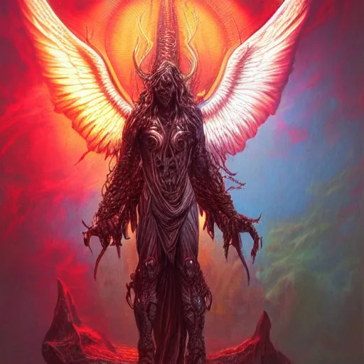 Image similar to photorealistic biblically accurate demonic alien archangel the style of michael whelan and gustave dore. hyperdetailed photorealism, 1 0 8 megapixels, amazing depth, glowing rich colors, powerful imagery, psychedelic overtones, 3 d finalrender, 3 d shading, cinematic lighting, artstation concept art