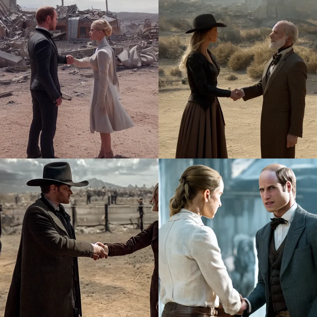 Prompt: Dolores shaking hands with William in Westworld season 4, year 2050, apocalyptic destroyed city background, cinematic, film still