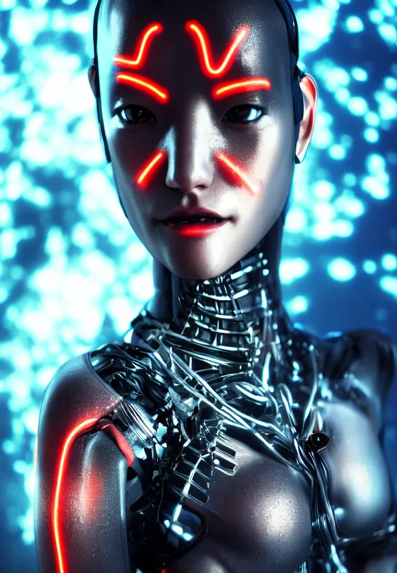 Image similar to full body portrait photo of japanese model cyborg with digital led skin, neon lighting, techno neon projector background, portrait photo, intricate details, ultra realistic, unreal engine 5, depth of field, bokeh, octane render, 8 k hd