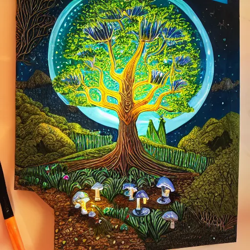 Image similar to acrylic painting , whole page illustration , art in the style of Terry Moore, a tiny village carved into the side of a tree, inhabited by elves and faeries, the outside lights are bioluminescent mushrooms and fungi intricately detailed