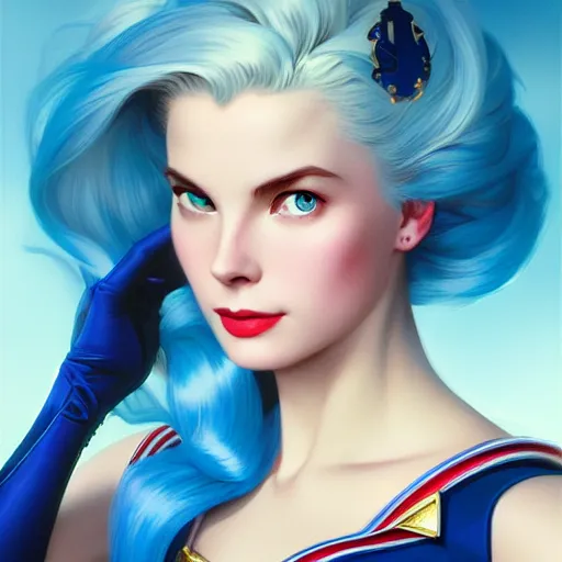 Prompt: Grace Kelly with blue hair as Sailor Moon, western, D&D, fantasy, intricate, elegant, highly detailed, digital painting, artstation, concept art, matte, sharp focus, illustration, art by Artgerm and Greg Rutkowski and Alphonse Mucha