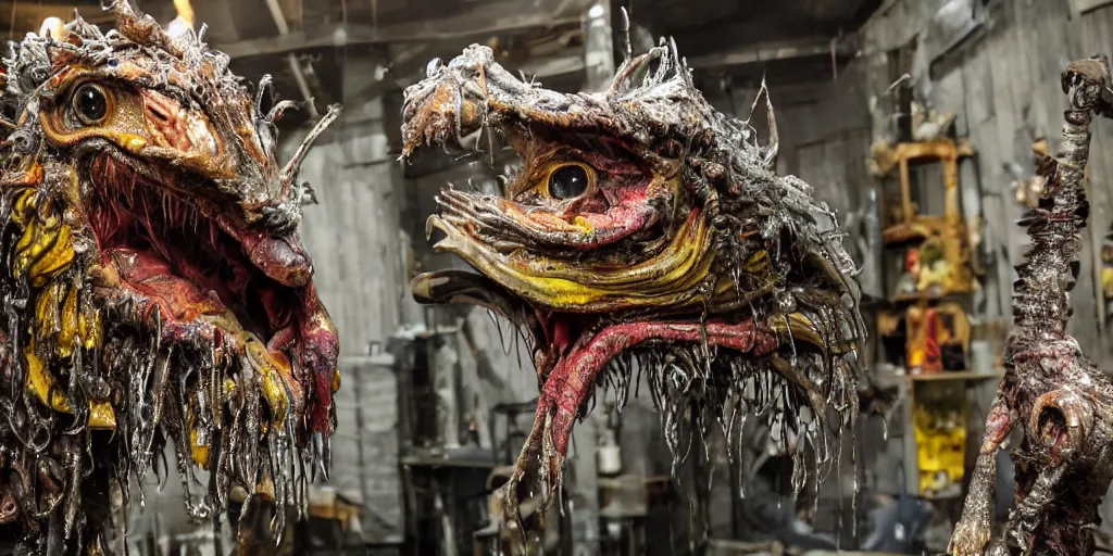 Prompt: photo taken of an epic intricate, ultra detailed, super realistic gritty, hero prop, exquisitely painted animatronic movie prop of a wet slimy grotesque nightmarish hellish avian creature displayed in the workshop, created by weta workshop, full body shot, photorealistic, sharp focus