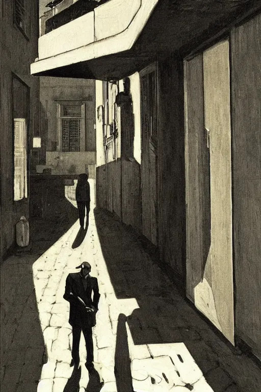Image similar to eerie tel aviv street mystery at dusk, film noire scene. by moebius, giorgio de chirico, edward hopper