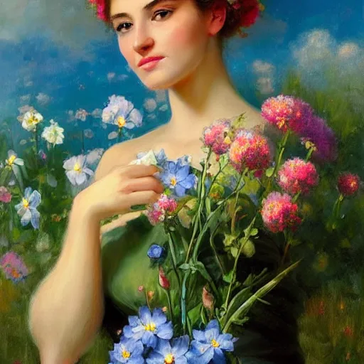 Image similar to a portrait of a romantic woman with flowers grow out of hair, roses peonies forget-me-nots dahlias lupins gladioli, sky theme in background, by Alexandr Averin, Digital Art, Trending on artstation