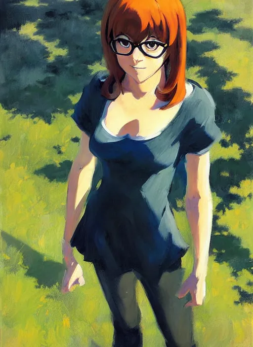 Prompt: Greg Manchess painting of Velma Dinkley, anime style, countryside, calm, fantasy character portrait, dark outlines, dynamic pose, above view, sunny day, artwork by Makoto Shinkai, very coherent asymmetrical artwork, sharp edges, perfect face, simple form, 100mm